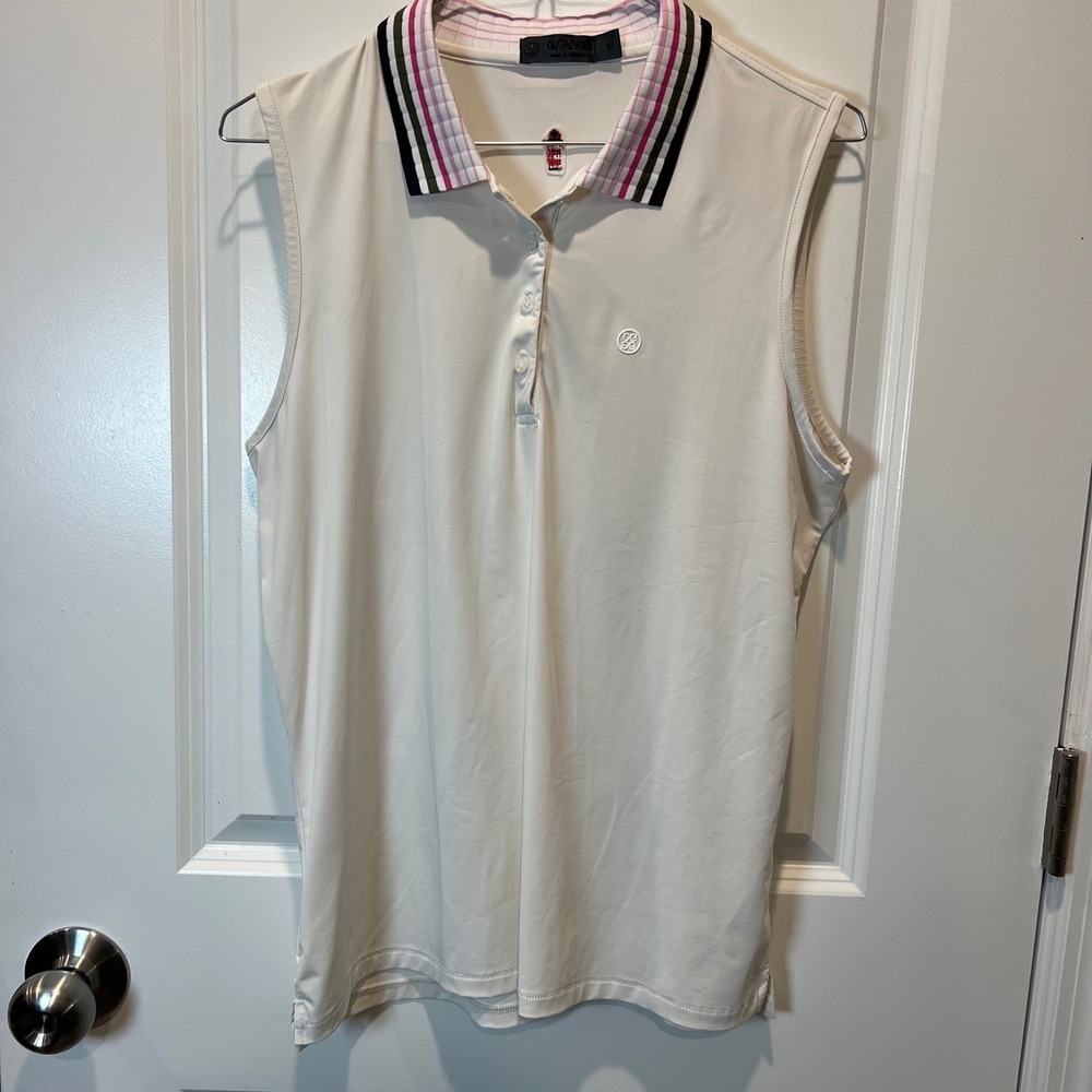 G/FORE Womens Sleeveless Polo Striped Ribbed Collar White Size L